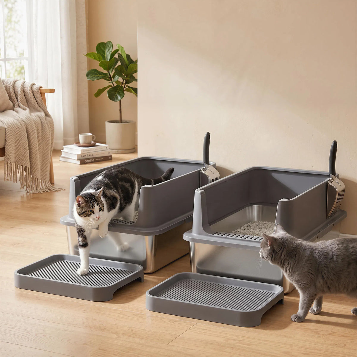 2‑Pack XL Stainless Steel Cat Litter Box, High‑Sided Semi‑Enclosed Metal Litter Pan with Litter‑Tracking Step & Stainless Steel Scoop for Multi‑Cat Household