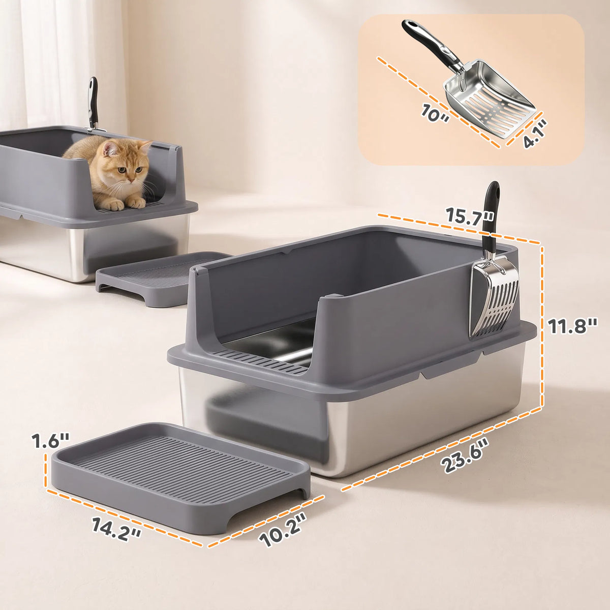 2‑Pack XL Stainless Steel Cat Litter Box, High‑Sided Semi‑Enclosed Metal Litter Pan with Litter‑Tracking Step & Stainless Steel Scoop for Multi‑Cat Household