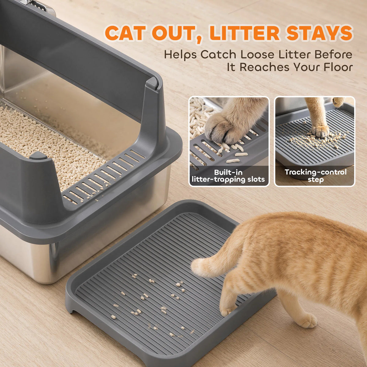2‑Pack XL Stainless Steel Cat Litter Box, High‑Sided Semi‑Enclosed Metal Litter Pan with Litter‑Tracking Step & Stainless Steel Scoop for Multi‑Cat Household