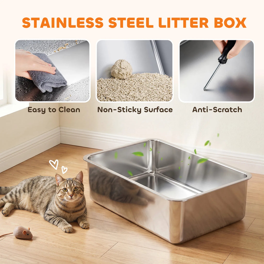 2‑Pack XL Stainless Steel Cat Litter Box, High‑Sided Semi‑Enclosed Metal Litter Pan with Litter‑Tracking Step & Stainless Steel Scoop for Multi‑Cat Household