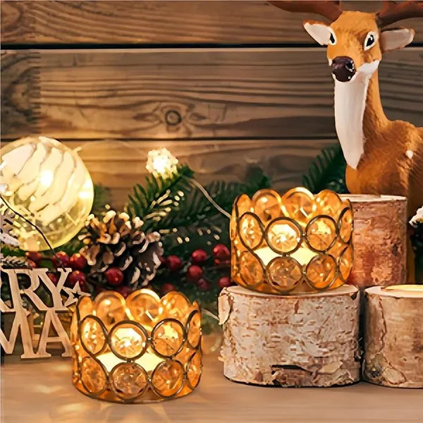 Aeelleea Set of 2 Luxury Gold Round Crystal Candle Holders, Premium Tabletop Candlesticks for Living Room Elegant Home Centerpiece