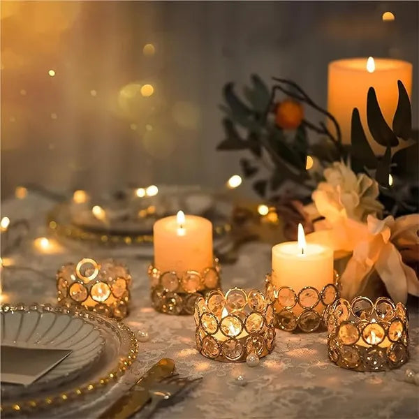 Aeelleea Set of 2 Luxury Gold Round Crystal Candle Holders, Premium Tabletop Candlesticks for Living Room Elegant Home Centerpiece