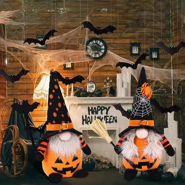 2‑Piece Halloween Plush Gnome Set, Pumpkin Bat Scandinavian Elf Ornaments for Home Table Party Decor
