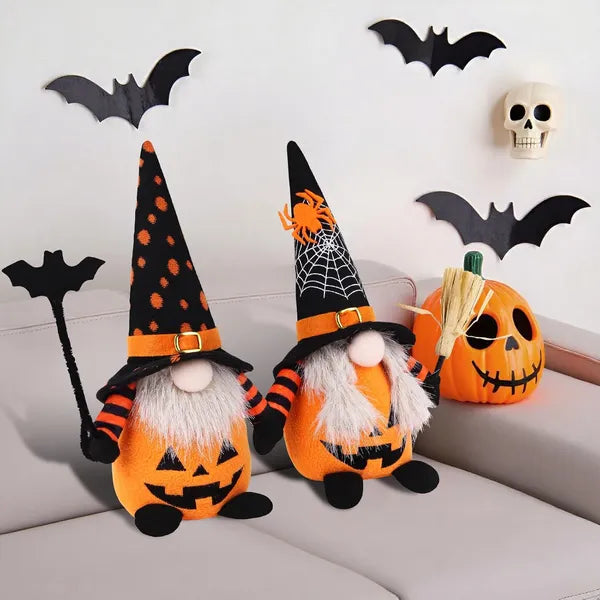 2‑Piece Halloween Plush Gnome Set, Pumpkin Bat Scandinavian Elf Ornaments for Home Table Party Decor