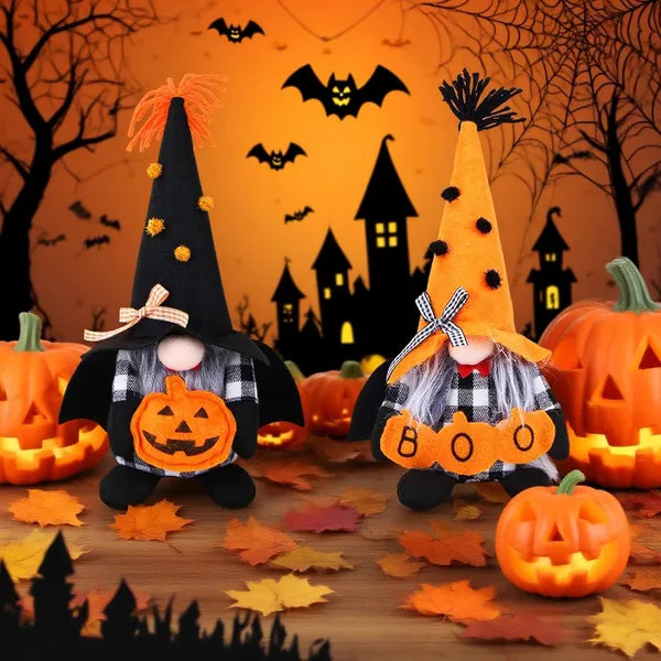 2‑Piece Halloween Plush Gnome Set, Pumpkin Bat Scandinavian Elf Ornaments for Home Table Party Decor