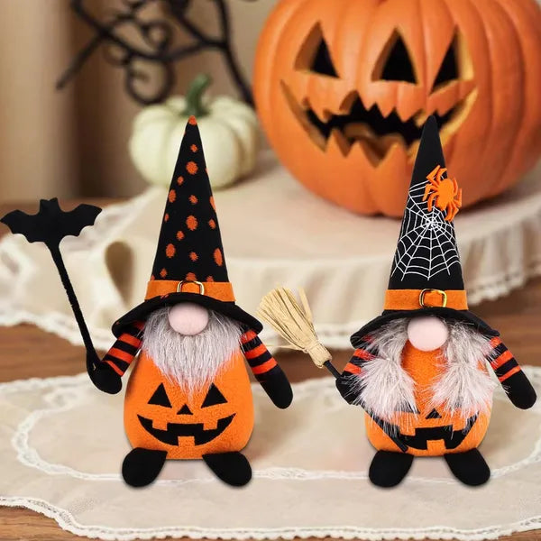 2‑Piece Halloween Plush Gnome Set, Pumpkin Bat Scandinavian Elf Ornaments for Home Table Party Decor