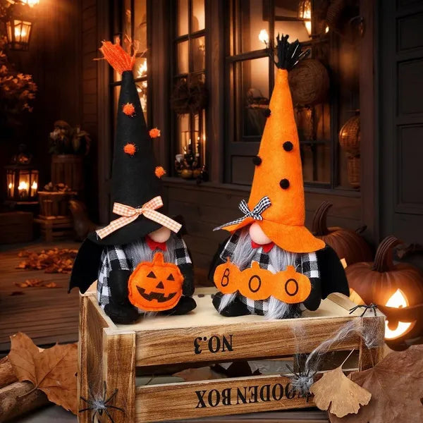 2‑Piece Halloween Plush Gnome Set, Pumpkin Bat Scandinavian Elf Ornaments for Home Table Party Decor