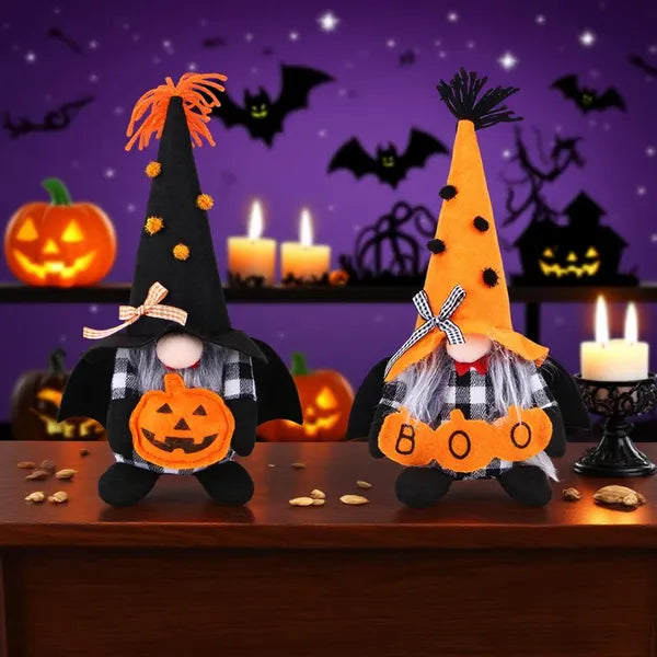 2‑Piece Halloween Plush Gnome Set, Pumpkin Bat Scandinavian Elf Ornaments for Home Table Party Decor