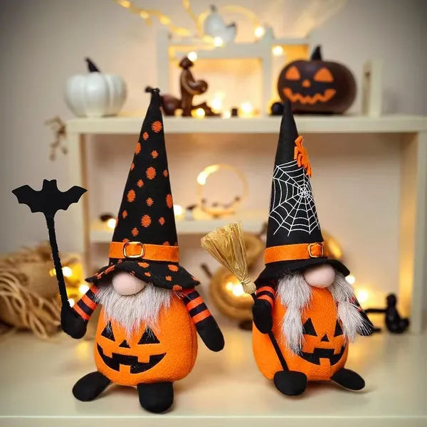 2‑Piece Halloween Plush Gnome Set, Pumpkin Bat Scandinavian Elf Ornaments for Home Table Party Decor