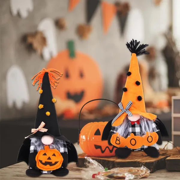 2‑Piece Halloween Plush Gnome Set, Pumpkin Bat Scandinavian Elf Ornaments for Home Table Party Decor