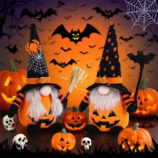 2‑Piece Halloween Plush Gnome Set, Pumpkin Bat Scandinavian Elf Ornaments for Home Table Party Decor
