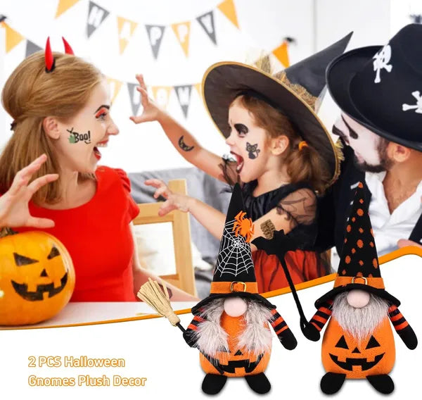 2‑Piece Halloween Plush Gnome Set, Pumpkin Bat Scandinavian Elf Ornaments for Home Table Party Decor