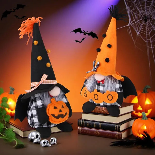 2‑Piece Halloween Plush Gnome Set, Pumpkin Bat Scandinavian Elf Ornaments for Home Table Party Decor