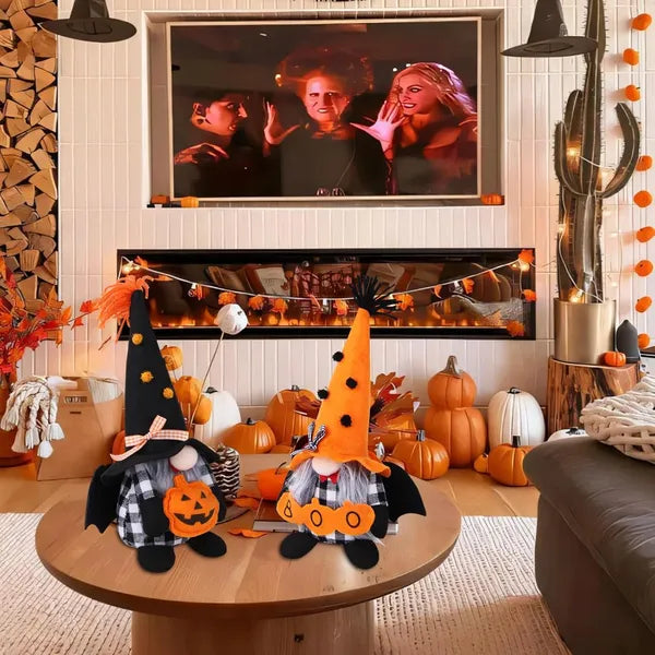 2‑Piece Halloween Plush Gnome Set, Pumpkin Bat Scandinavian Elf Ornaments for Home Table Party Decor