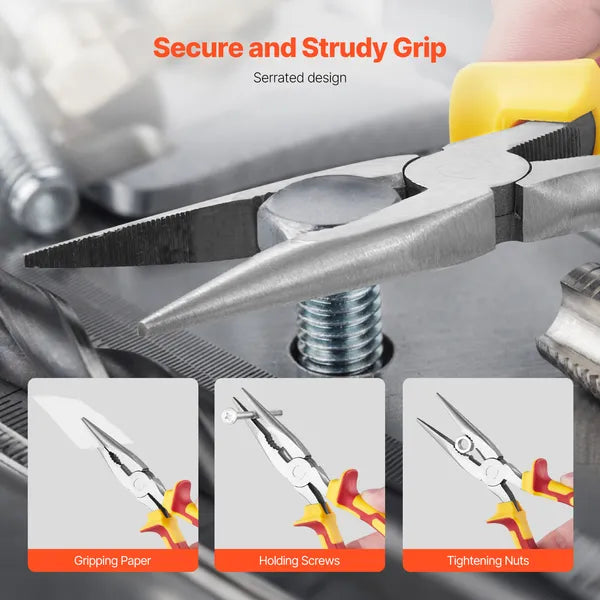 2‑Pack Long Nose Pliers Set, 6in & 8in High‑Carbon Steel Needle Nose Pliers with Non‑Slip TPR Handles for Electrical Wire Cutting & Repair Work