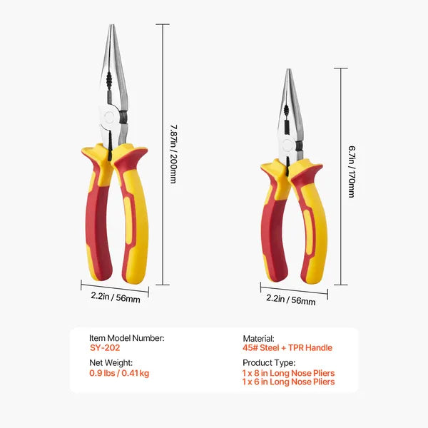 2‑Pack Long Nose Pliers Set, 6in & 8in High‑Carbon Steel Needle Nose Pliers with Non‑Slip TPR Handles for Electrical Wire Cutting & Repair Work