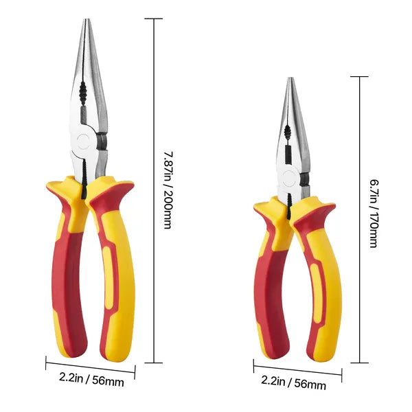 2‑Pack Long Nose Pliers Set, 6in & 8in High‑Carbon Steel Needle Nose Pliers with Non‑Slip TPR Handles for Electrical Wire Cutting & Repair Work