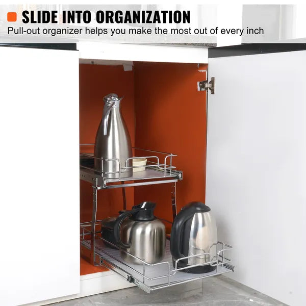 2-Tier Pull Out Cabinet Organizer, Heavy Duty Carbon Steel Slide Out Storage Rack for Kitchen Base Cabinets, Rust Resistant