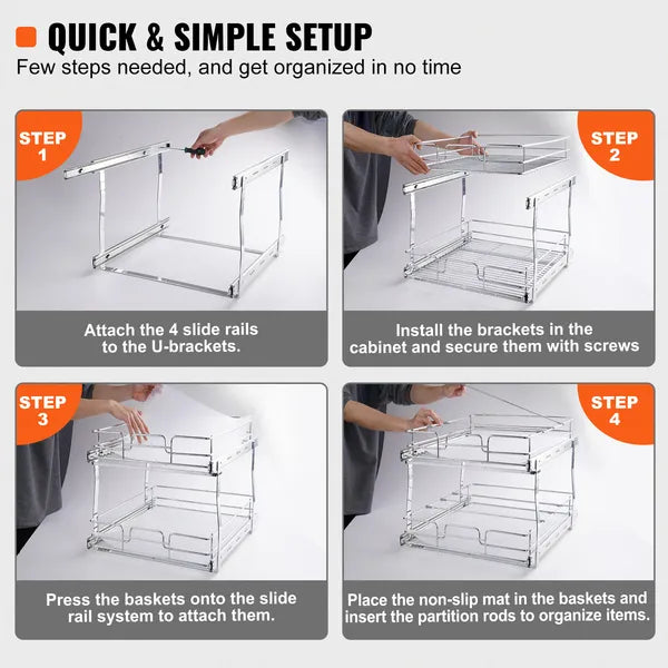 2-Tier Pull Out Cabinet Organizer, Heavy Duty Carbon Steel Slide Out Storage Rack for Kitchen Base Cabinets, Rust Resistant