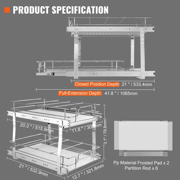 2-Tier Pull Out Cabinet Organizer, Heavy Duty Carbon Steel Slide Out Storage Rack for Kitchen Base Cabinets, Rust Resistant