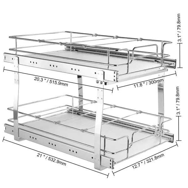 2-Tier Pull Out Cabinet Organizer, Heavy Duty Carbon Steel Slide Out Storage Rack for Kitchen Base Cabinets, Rust Resistant
