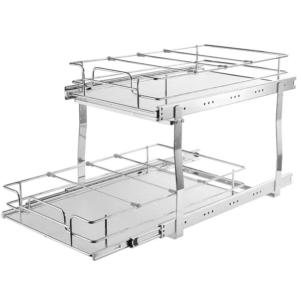 2-Tier Pull Out Cabinet Organizer, Heavy Duty Carbon Steel Slide Out Storage Rack for Kitchen Base Cabinets, Rust Resistant