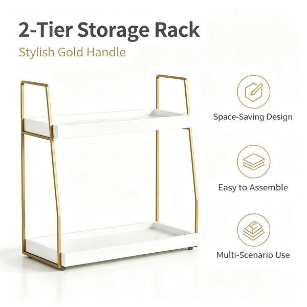 Aeelleea 2-Tier Bathroom Counter Storage Rack, Wood Makeup Organizer Shelf, Gold Metal Frame for Bathroom