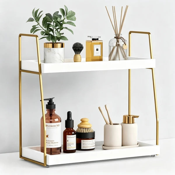 Aeelleea 2-Tier Bathroom Counter Storage Rack, Wood Makeup Organizer Shelf, Gold Metal Frame for Bathroom