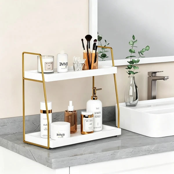 Aeelleea 2-Tier Bathroom Counter Storage Rack, Wood Makeup Organizer Shelf, Gold Metal Frame for Bathroom