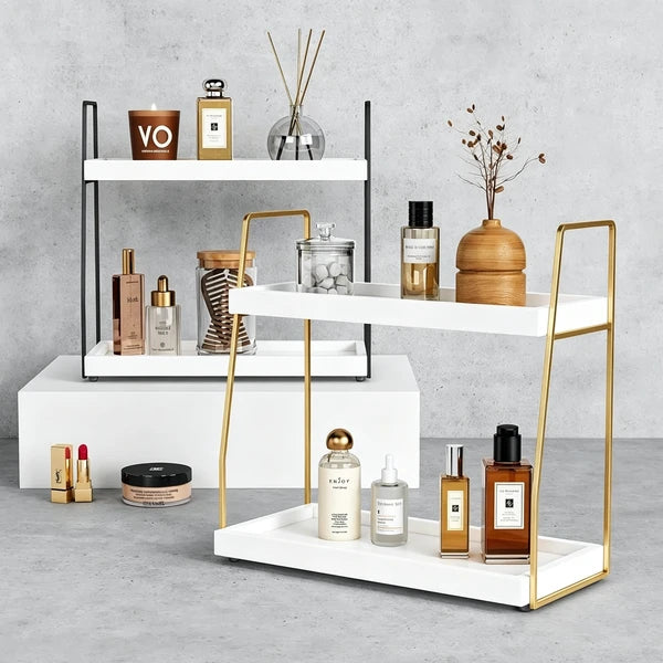 Aeelleea 2-Tier Bathroom Counter Storage Rack, Wood Makeup Organizer Shelf, Gold Metal Frame for Bathroom