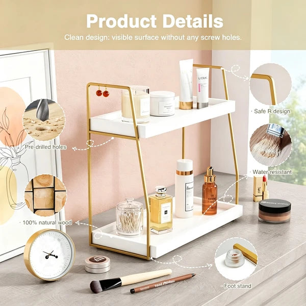 Aeelleea 2-Tier Bathroom Counter Storage Rack, Wood Makeup Organizer Shelf, Gold Metal Frame for Bathroom