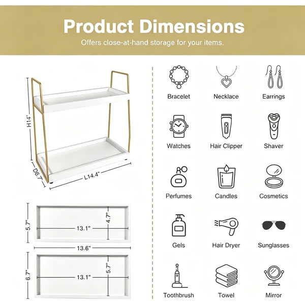 Aeelleea 2-Tier Bathroom Counter Storage Rack, Wood Makeup Organizer Shelf, Gold Metal Frame for Bathroom