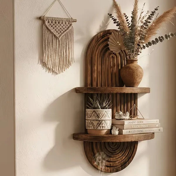 2-Tier Rustic Wooden Wall Mounted Plant Shelf, Floating Farmhouse Display Rack, Wall Storage Organizer for Kitchen Living Room Bedroom Window Decor
