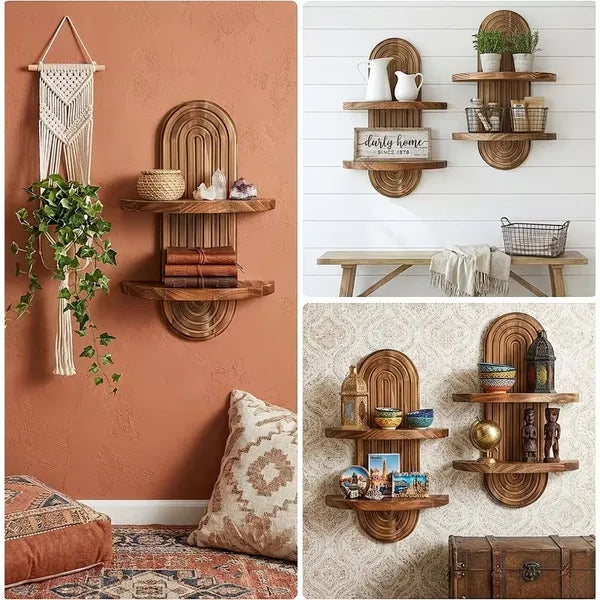 2-Tier Rustic Wooden Wall Mounted Plant Shelf, Floating Farmhouse Display Rack, Wall Storage Organizer for Kitchen Living Room Bedroom Window Decor