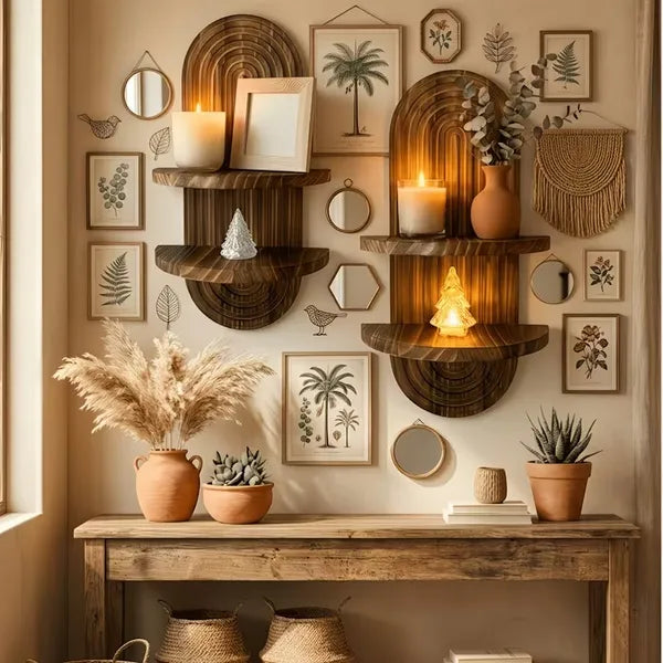 2-Tier Rustic Wooden Wall Mounted Plant Shelf, Floating Farmhouse Display Rack, Wall Storage Organizer for Kitchen Living Room Bedroom Window Decor