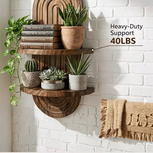 2-Tier Rustic Wooden Wall Mounted Plant Shelf, Floating Farmhouse Display Rack, Wall Storage Organizer for Kitchen Living Room Bedroom Window Decor