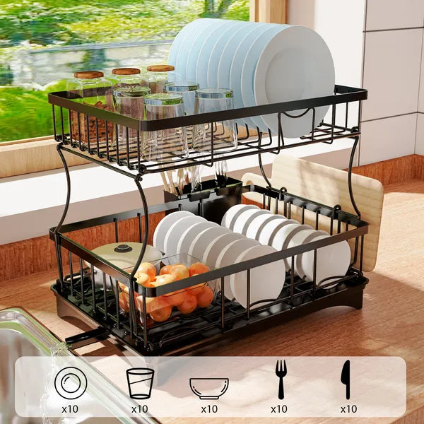 Aeelleea 2 Tier Dish Drying Rack 16.5×11.8×13.5in, Kitchen Counter Dish Drain Organizer with Utensil Holder & Cutting Board Holder