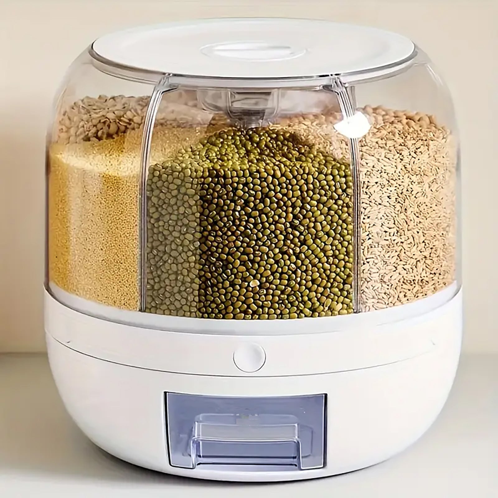 Rotating Rice Dispenser, 6-Grid Cereal Dispenser and Grain Storage Bin, One-Click Dispensing Food Storage Container, Airtight Moisture-Proof Organizer, Small