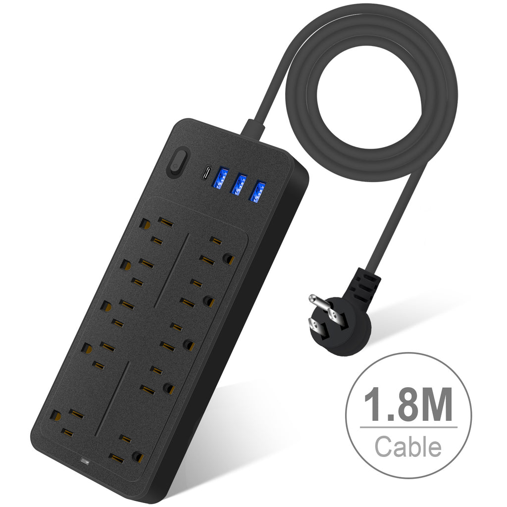 6 FT Surge Protector Power Strip, 10 Outlets 4 USB Ports(1 USB‑C), 14‑in‑1 Long Extension Cord, Flat Plug, 1700J, 1625W/13A, White