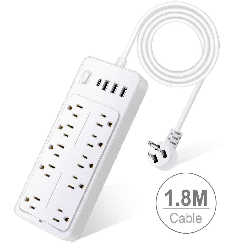 6 FT Surge Protector Power Strip, 10 Outlets 4 USB Ports(1 USB‑C), 14‑in‑1 Long Extension Cord, Flat Plug, 1700J, 1625W/13A, White
