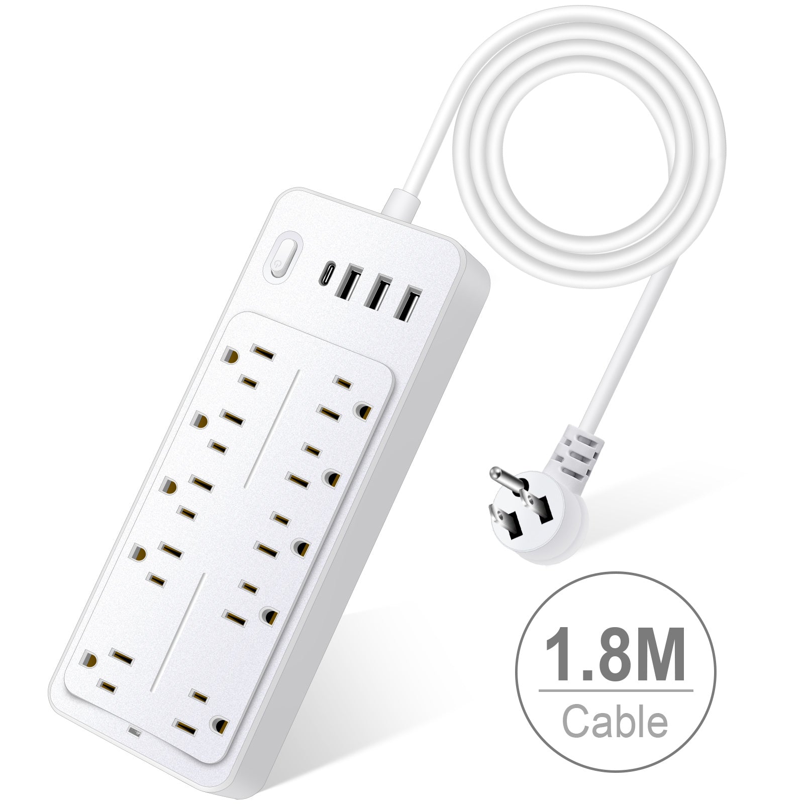6 FT Surge Protector Power Strip, 10 Outlets 4 USB Ports(1 USB‑C), 14‑in‑1 Long Extension Cord, Flat Plug, 1700J, 1625W/13A, White
