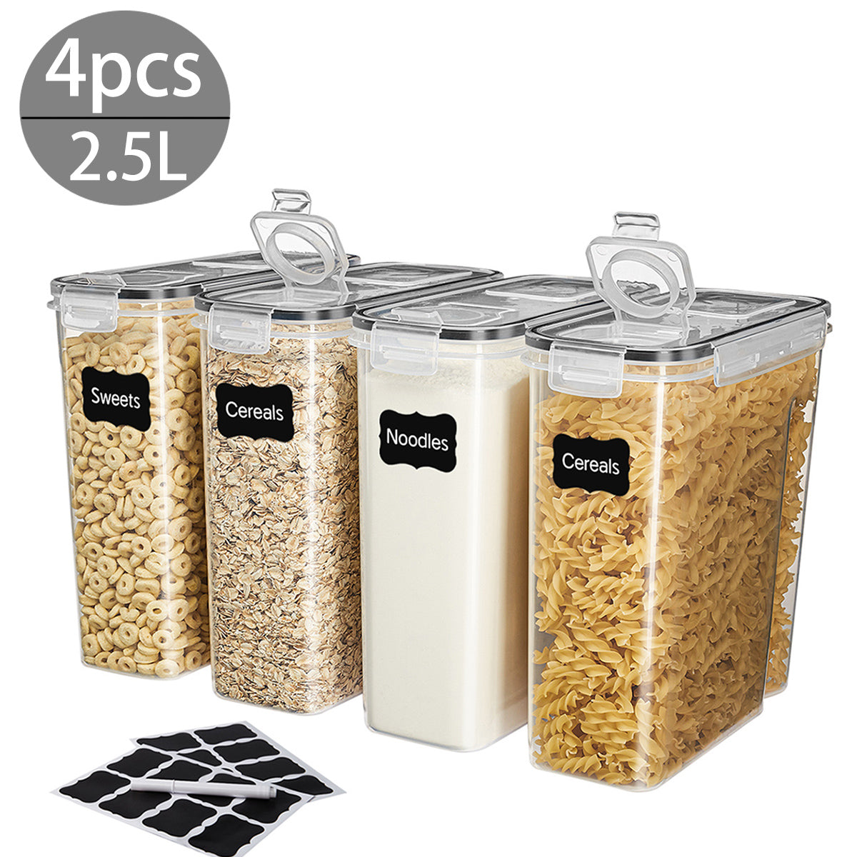 Cereal Containers Storage Set, 4PCS Airtight Food Storage Containers with Lids, Cereal Dispensers for Pantry Organization, Pour Spout, Labels and Marker