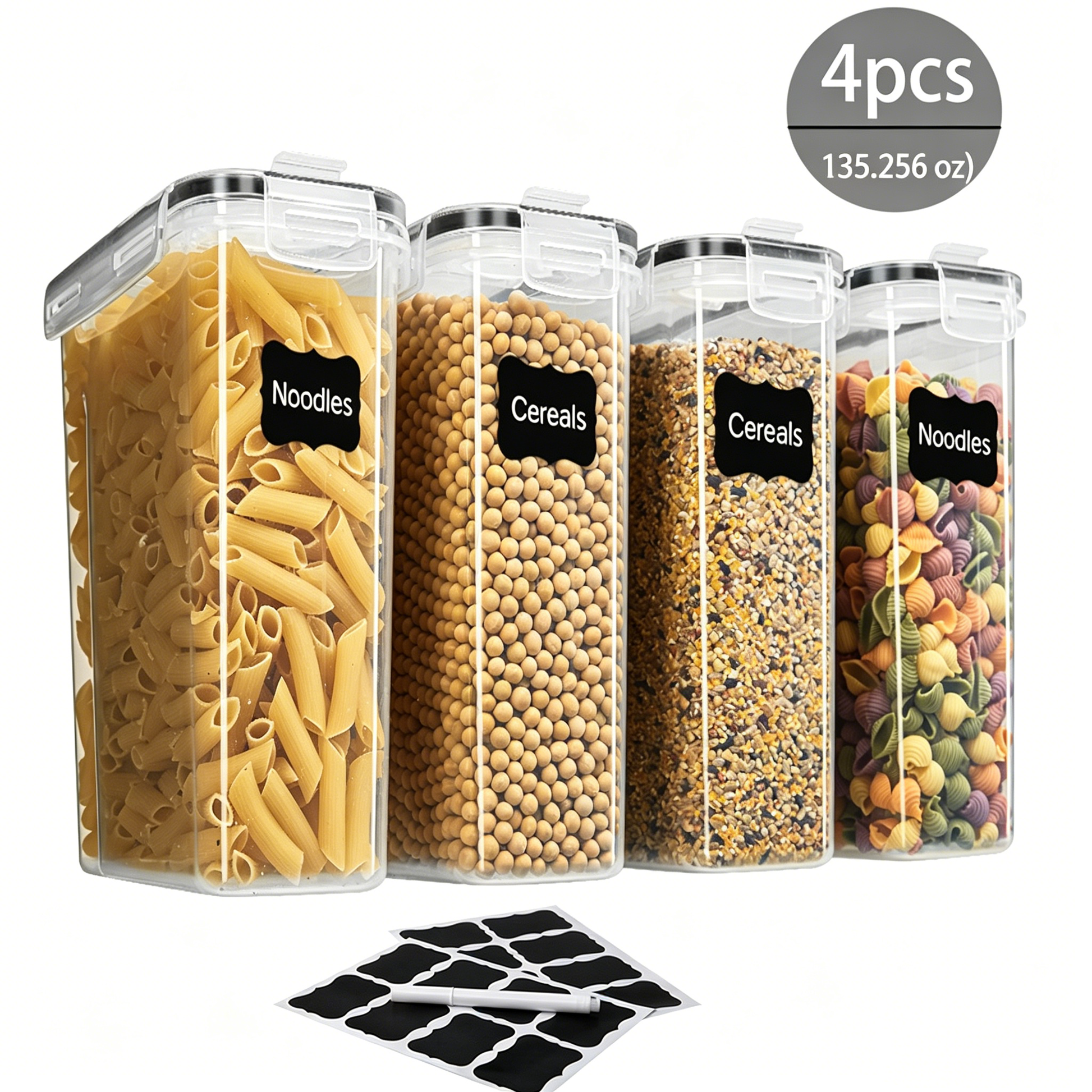 Cereal Containers Storage Set, 4PCS Airtight Food Storage Containers with Lids, Cereal Dispensers for Pantry Organization, Pour Spout, Labels and Marker
