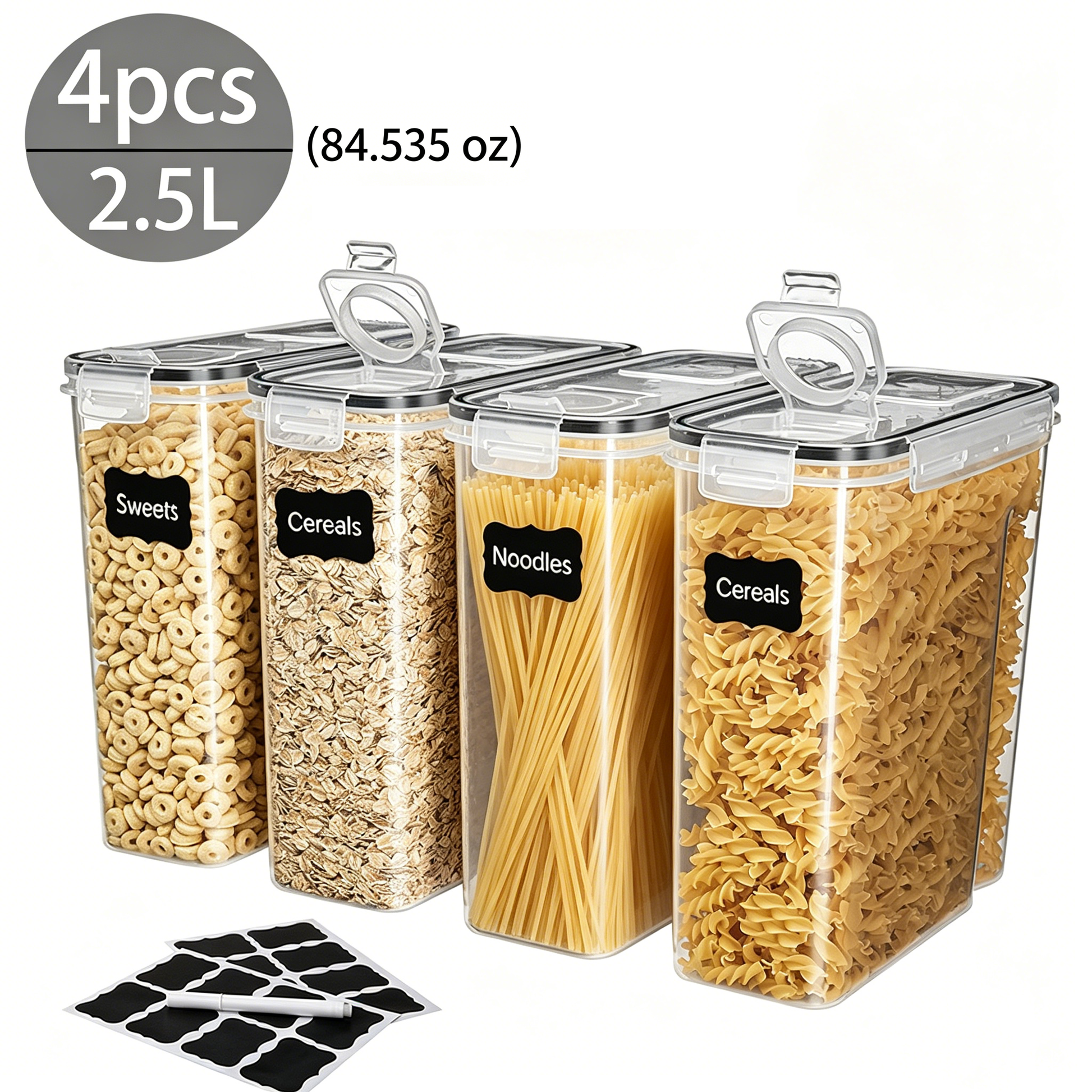 Cereal Containers Storage Set, 4PCS Airtight Food Storage Containers with Lids, Cereal Dispensers for Pantry Organization, Pour Spout, Labels and Marker