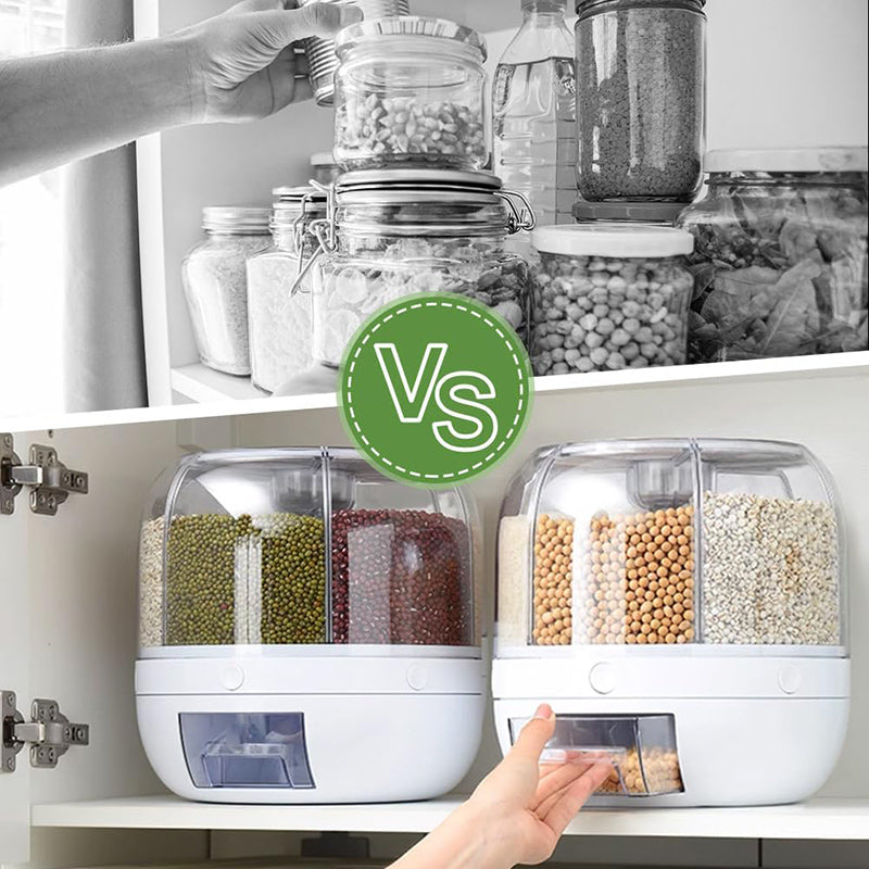 Rotating Rice Dispenser, 6-Grid Cereal Dispenser and Grain Storage Bin, One-Click Dispensing Food Storage Container, Airtight Moisture-Proof Organizer, Small