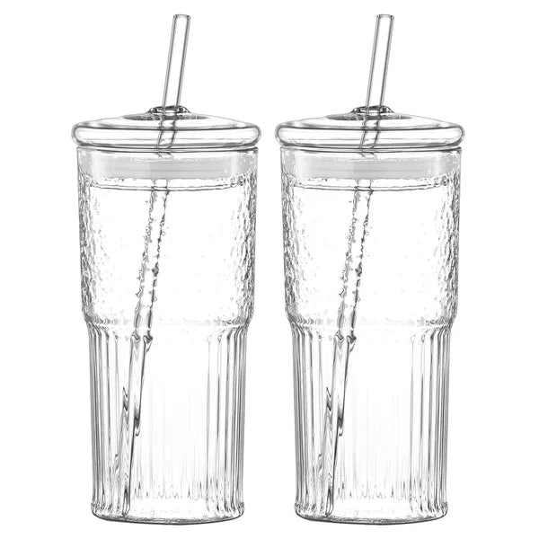 Aeelleea 20oz Glass Tumbler 2 Pack, Vertical Striped High Borosilicate Glass Cup with Lid & Straw, Clear Reusable Drinking Cup for Juice Milk Cold Drinks