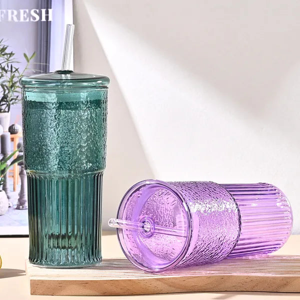 Aeelleea 20oz Glass Tumbler 2 Pack, Vertical Striped High Borosilicate Glass Cup with Lid & Straw, Clear Reusable Drinking Cup for Juice Milk Cold Drinks