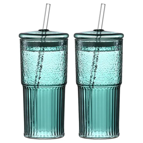 Aeelleea 20oz Glass Tumbler Set of 2, Green Vertical Striped High Borosilicate Cup with Lid & Straw for Cold Drink Juice Milk