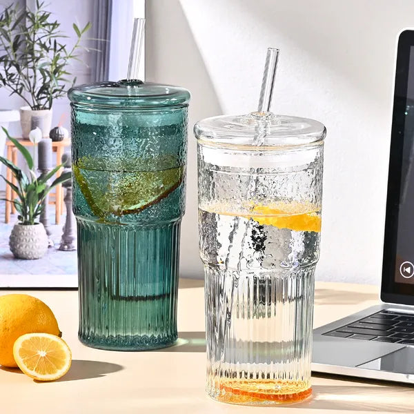 Aeelleea 20oz Glass Tumbler Set of 2, Green Vertical Striped High Borosilicate Cup with Lid & Straw for Cold Drink Juice Milk