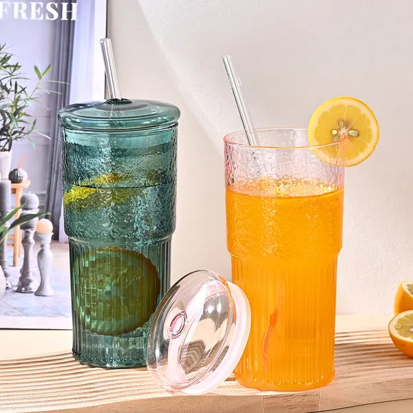 Aeelleea 20oz Glass Tumbler Set of 2, Green Vertical Striped High Borosilicate Cup with Lid & Straw for Cold Drink Juice Milk